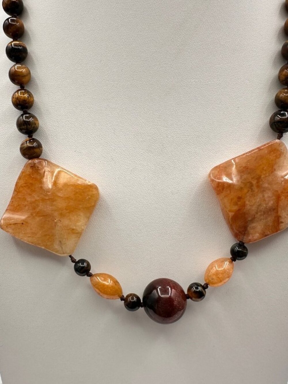 Vintage 80s Chunky Agate Tiger Stone Bead Statement Necklace Women's Jewelry Y2K
